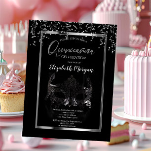 Silver Masque,Frame,Confetti Quinceañera Invitation