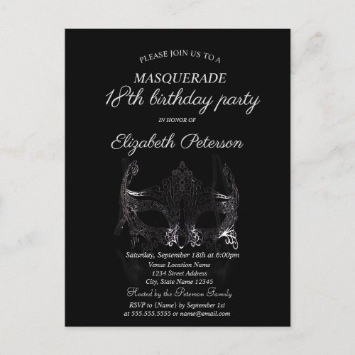 Silver Masque Masquerade 18th Birthday Invitation Postcard