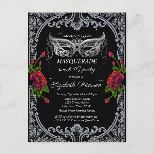 Silver Masque Red Roses Gothic Sweet 16 Invitation Postcard