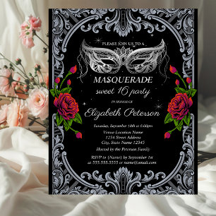 Silver Masque Red Roses Gothic Sweet 16 Invitation Postcard