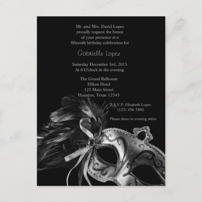 Silver Masquerade Ball Quinceanera 15th Birthday Postcard (Front)