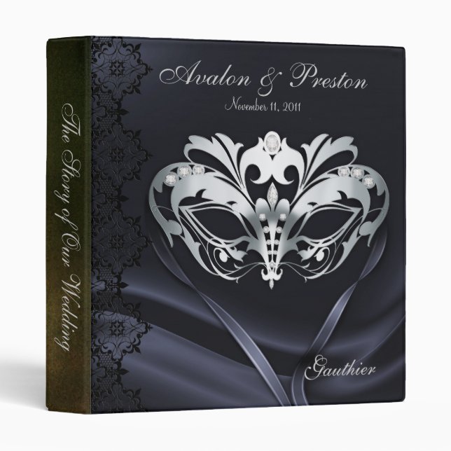 Silver Masquerade Black Jeweled Wedding Binder (Front/Spine)