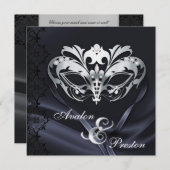 Silver Masquerade Black Jeweled Wedding Invitation (Front/Back)