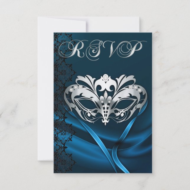 Silver Masquerade Blue Jeweled RSVP Invitation (Front)