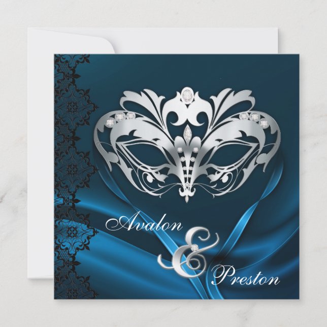 Silver Masquerade Blue Jeweled Wedding Invitation (Front)