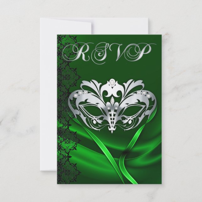 Silver Masquerade Green Jeweled RSVP Invitation (Front)