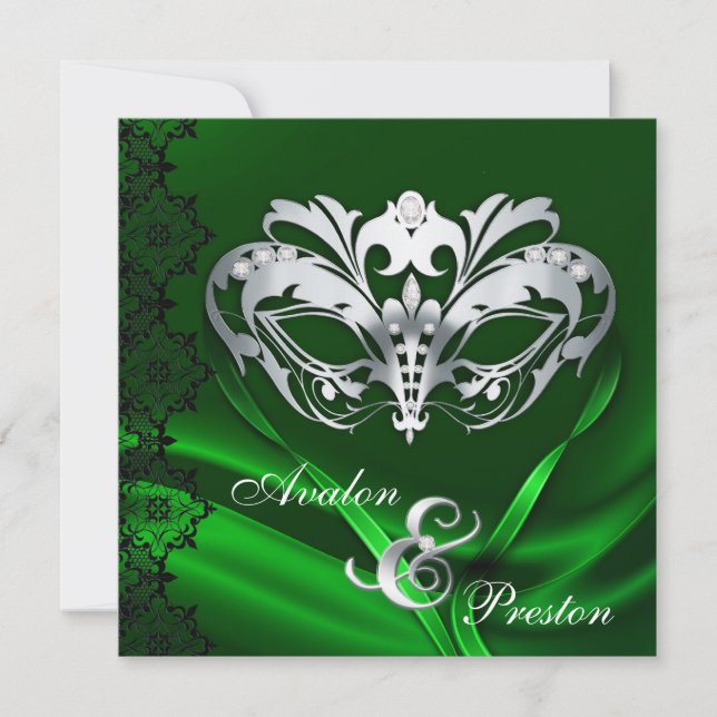 Silver Masquerade Green Jeweled Wedding Invitation (Front)