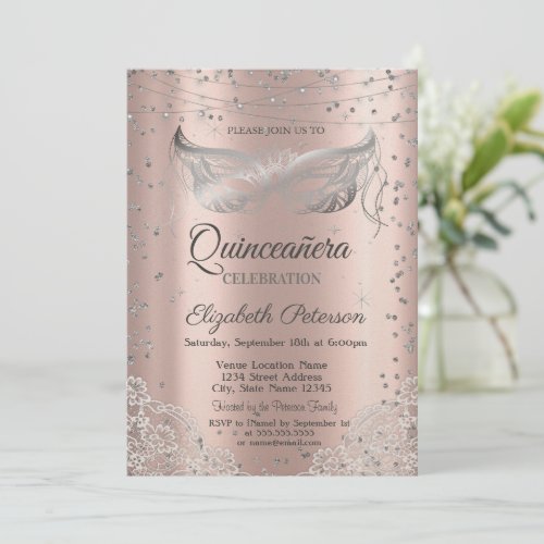 Silver Masquerade Lace Rose Gold Quinceaera    Invitation