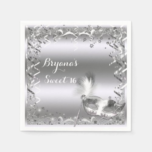 Silver Masquerade Mask Elegant Ball Birthday Party Napkins