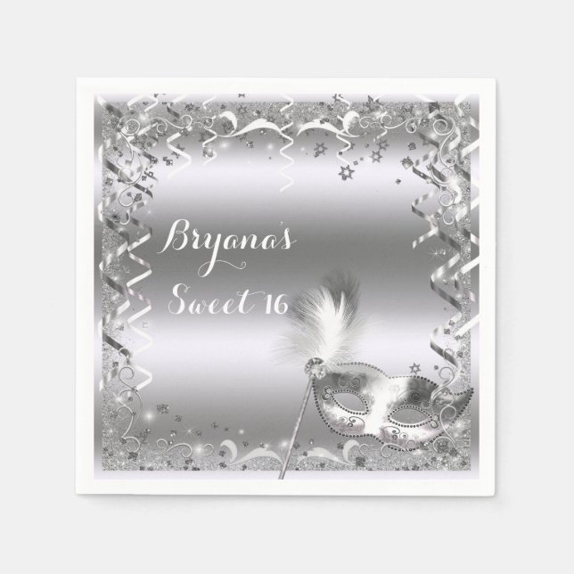 Silver Masquerade Mask Elegant Ball Birthday Party Napkins (Front)