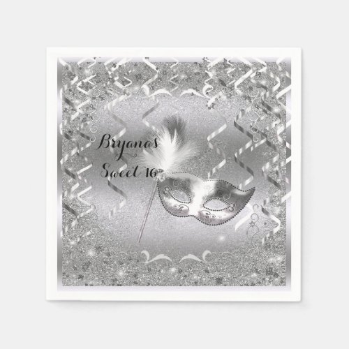 Silver Masquerade Mask Elegant Ball Birthday Party Paper Napkins