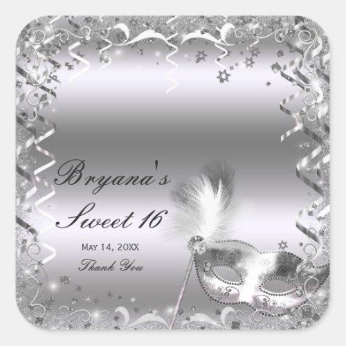 Silver Masquerade Mask Elegant Ball Birthday Party Square Sticker