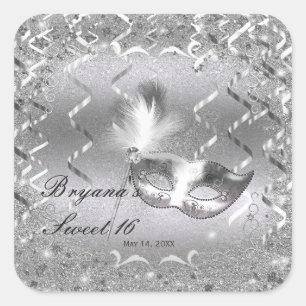 Silver Masquerade Mask Elegant Ball Birthday Party Square Sticker
