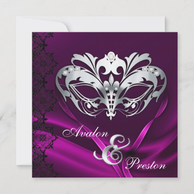 Silver Masquerade Pink Jeweled Wedding Invitation (Front)