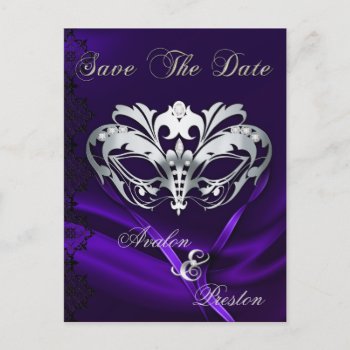 Silver Masquerade Purple Jewel Save The Date Announcement Postcard by theedgeweddings at Zazzle