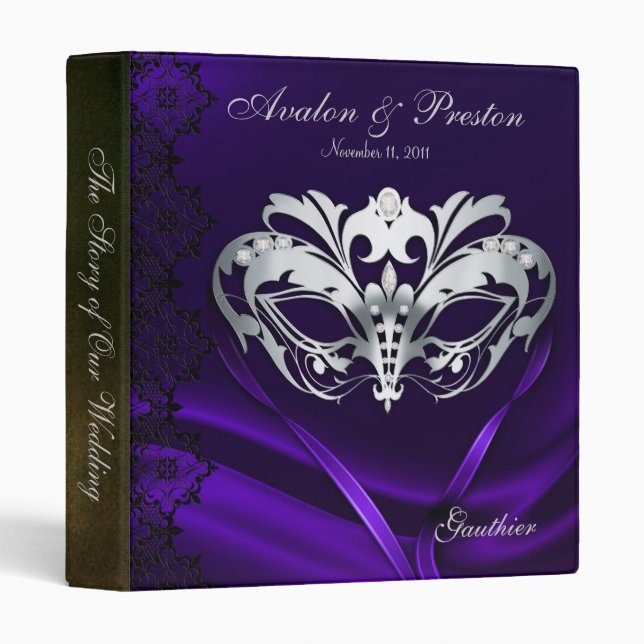 Silver Masquerade Purple Jeweled Wedding Binder (Front/Spine)