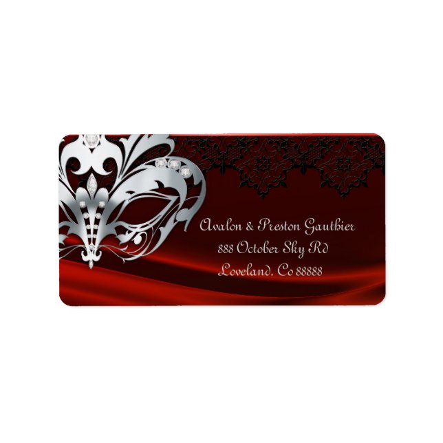 Silver Masquerade Red Jewel Wedding Address Label (Front)