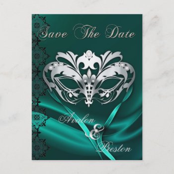 Silver Masquerade Teal Jewel Save The Date Announcement Postcard by theedgeweddings at Zazzle