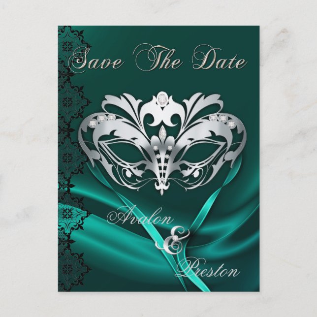 Silver Masquerade Teal Jewel Save The Date Announcement Postcard (Front)
