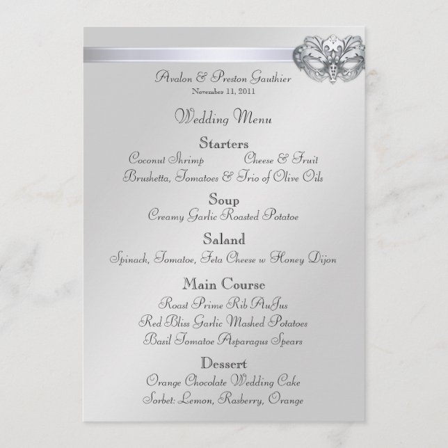 Silver Masquerade Teal Jewel Wedding Menu (Front)