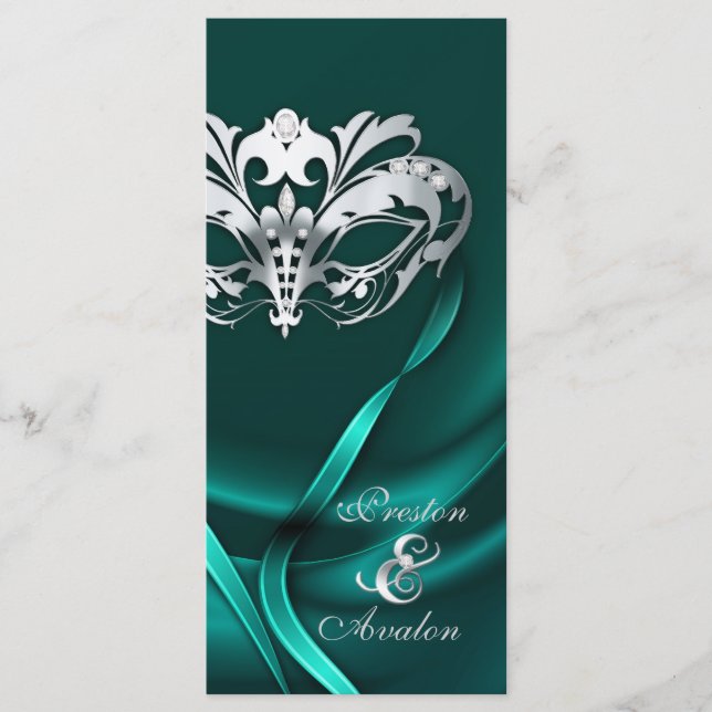 Silver Masquerade Teal Jeweled Wedding Program (Front)