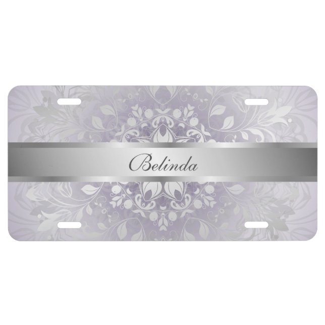 Silver Mauve Floral Mandala Your Name License Plate (Front)