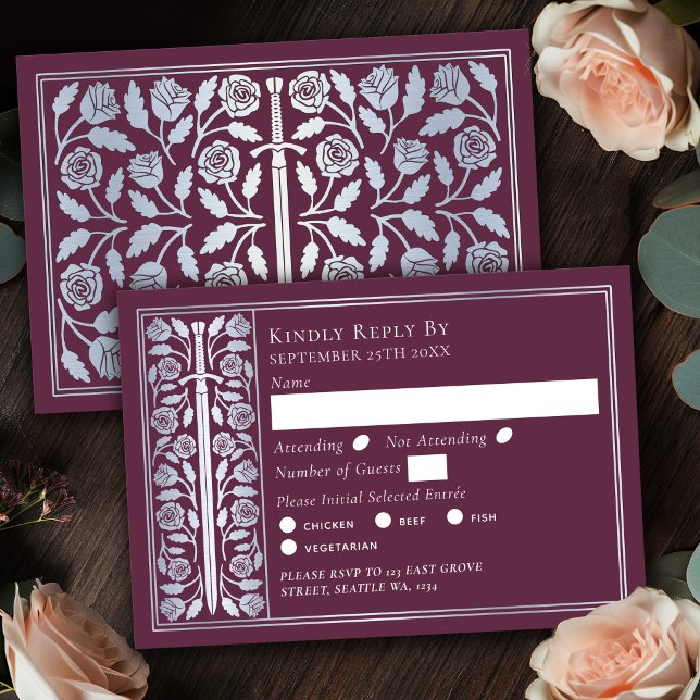 Silver Mauve Medieval Sword Wedding RSVP Card (Creator Uploaded)