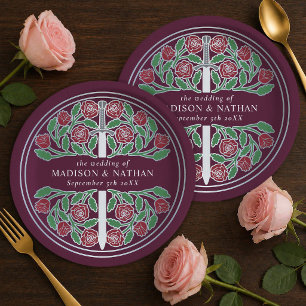 Silver Mauve Royal Medieval Floral Sword Wedding  Paper Plates