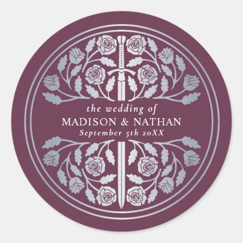 Silver Mauve Royal Medieval Sword Wedding  Classic Round Sticker