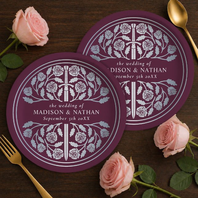 Silver Mauve Royal Medieval Sword Wedding  Paper Plates (Creator Uploaded)