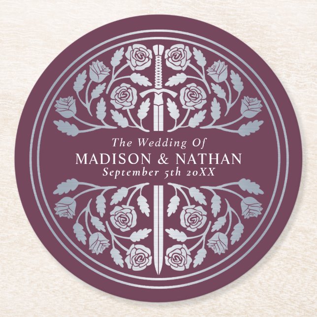 Silver Mauve Royal Medieval Sword Wedding Round Paper Coaster (Front)
