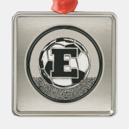 Silver Medal Soccer Monogram Letter E Metal Ornament