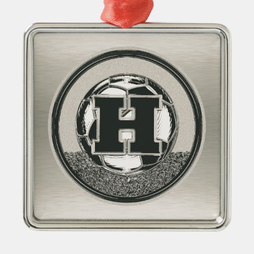 Silver Medal Soccer Monogram Letter H Metal Ornament