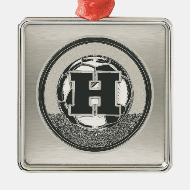 Silver Medal Soccer Monogram Letter H Metal Ornament (Front)