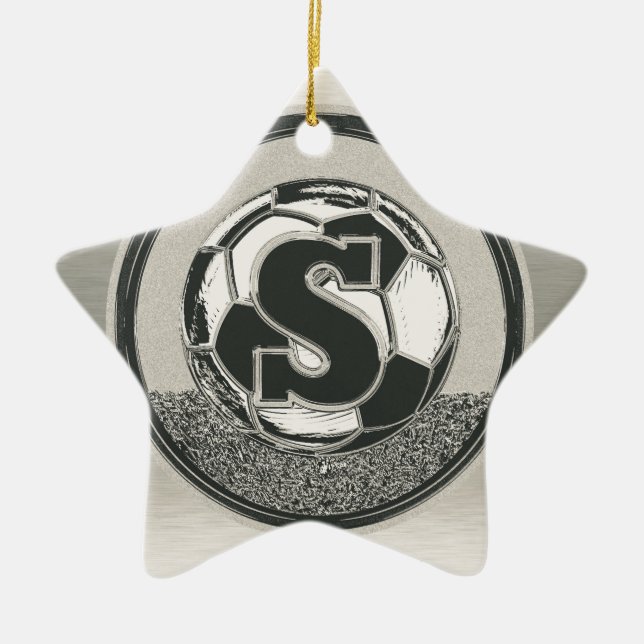 Silver Medal Soccer Monogram Letter S Ceramic Ornament (Front)
