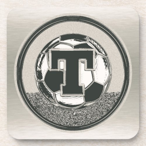Silver Medal Soccer Monogram Letter T Beverage Coaster