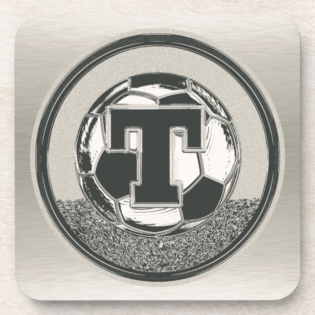 Silver Medal Soccer Monogram Letter T Beverage Coaster (Front)