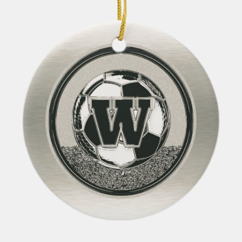 Silver Medal Soccer Monogram Letter W Ceramic Ornament