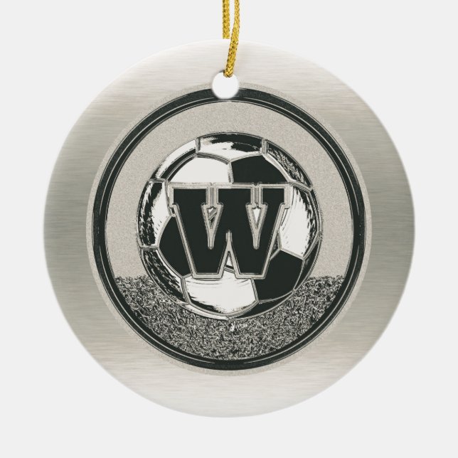 Silver Medal Soccer Monogram Letter W Ceramic Ornament (Front)