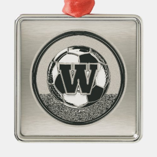 Silver Medal Soccer Monogram Letter W Metal Ornament
