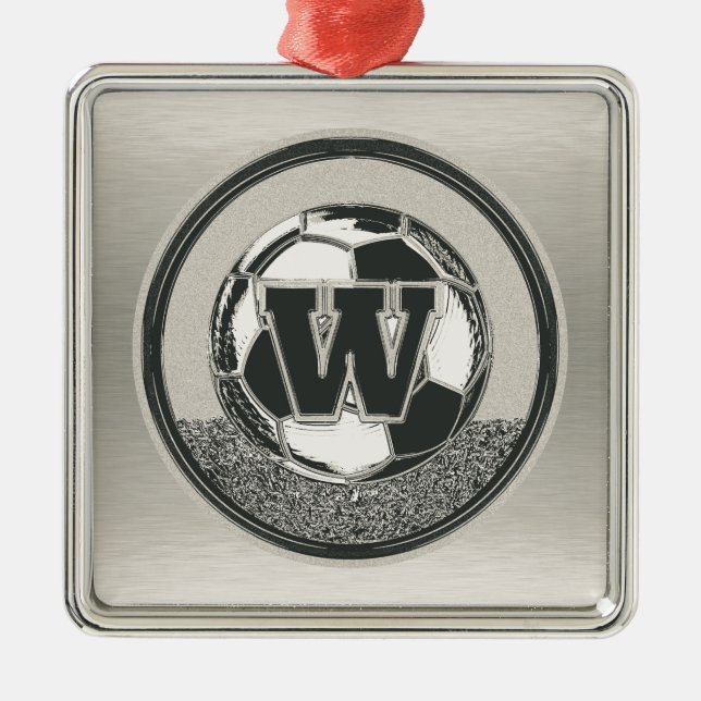 Silver Medal Soccer Monogram Letter W Metal Ornament (Front)