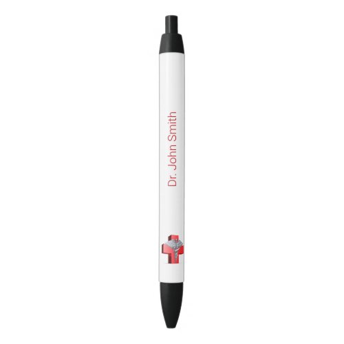 Silver Medical 3D Caduceus Cross Red Black Ink Pen