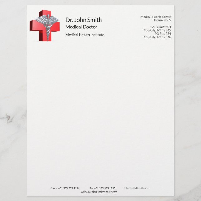 Silver Medical 3D Caduceus Cross Red Letterhead (Front)