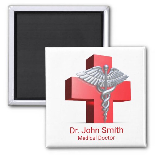 Silver Medical 3D Caduceus Cross Red Magnet