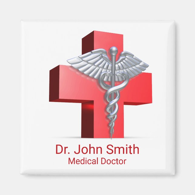 Silver Medical 3D Caduceus Cross Red Magnet (Front)