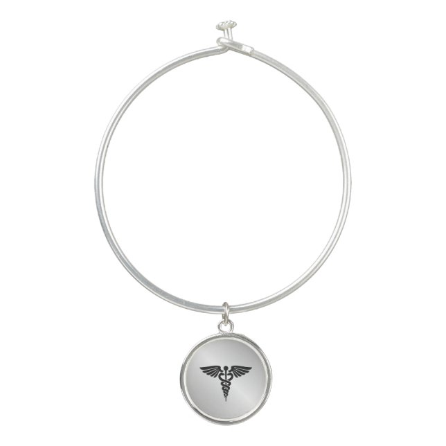 Silver  Medical Caduceus Bangle Bracelet (Front)