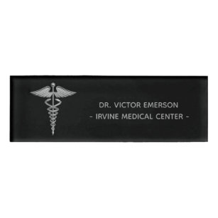 Silver Medical Caduceus Black Personalized Name Tag
