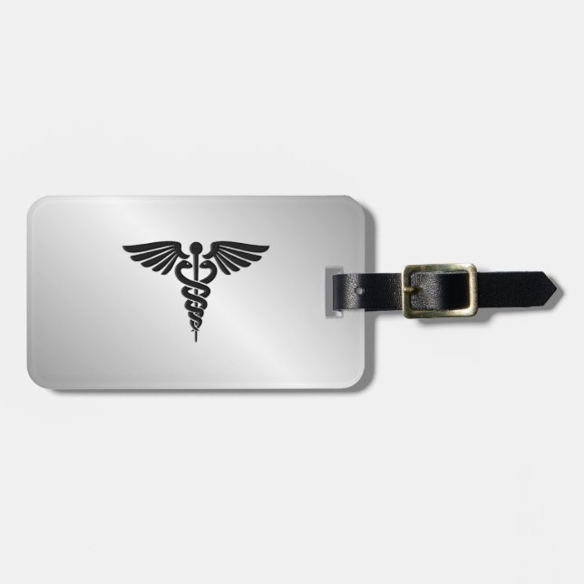 Silver Medical Caduceus Luggage Tag (Front Horizontal)
