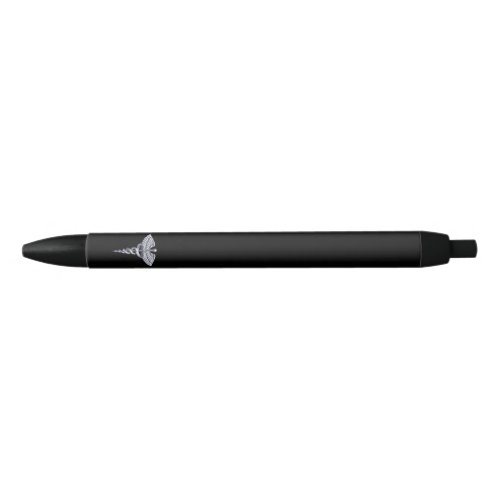Silver Medical Caduceus on Black Classy Black Blue Ink Pen