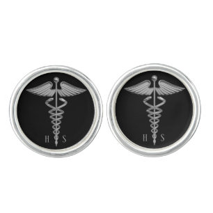 Silver Medical Caduceus on Black Personalized Cufflinks